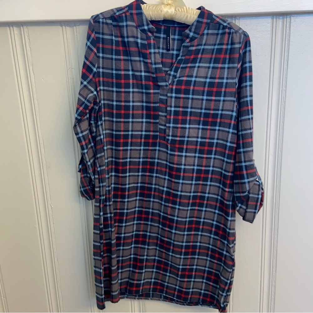 Bellami red blue gray Plaid Flannel Shirt Dress women’s small fireside western
